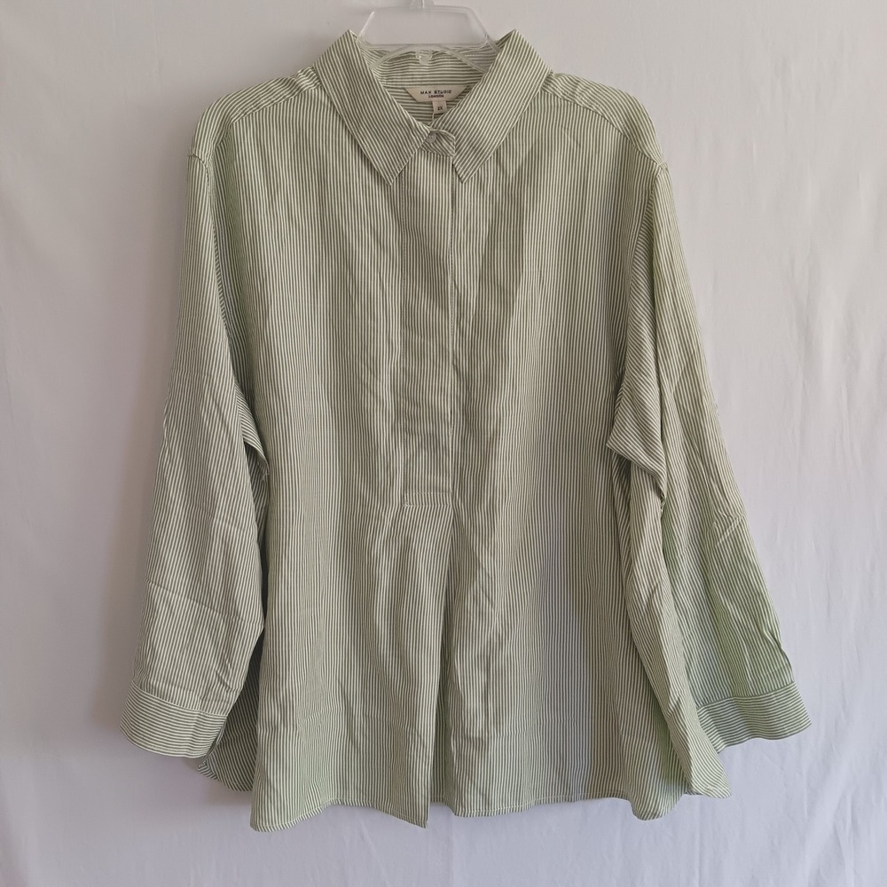 Max Studio Shirt Women 2X Green NWT Pinstripe Long Sleeve Button Up 3W08J78